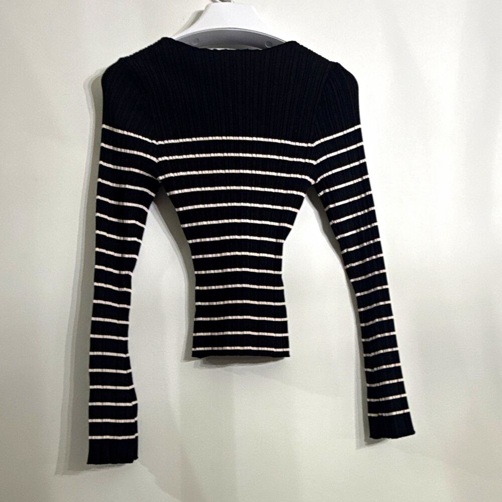 Miou Muse Black White Striped Rib-Knit Boat Neck Long Sleeve Pullover Sweater S